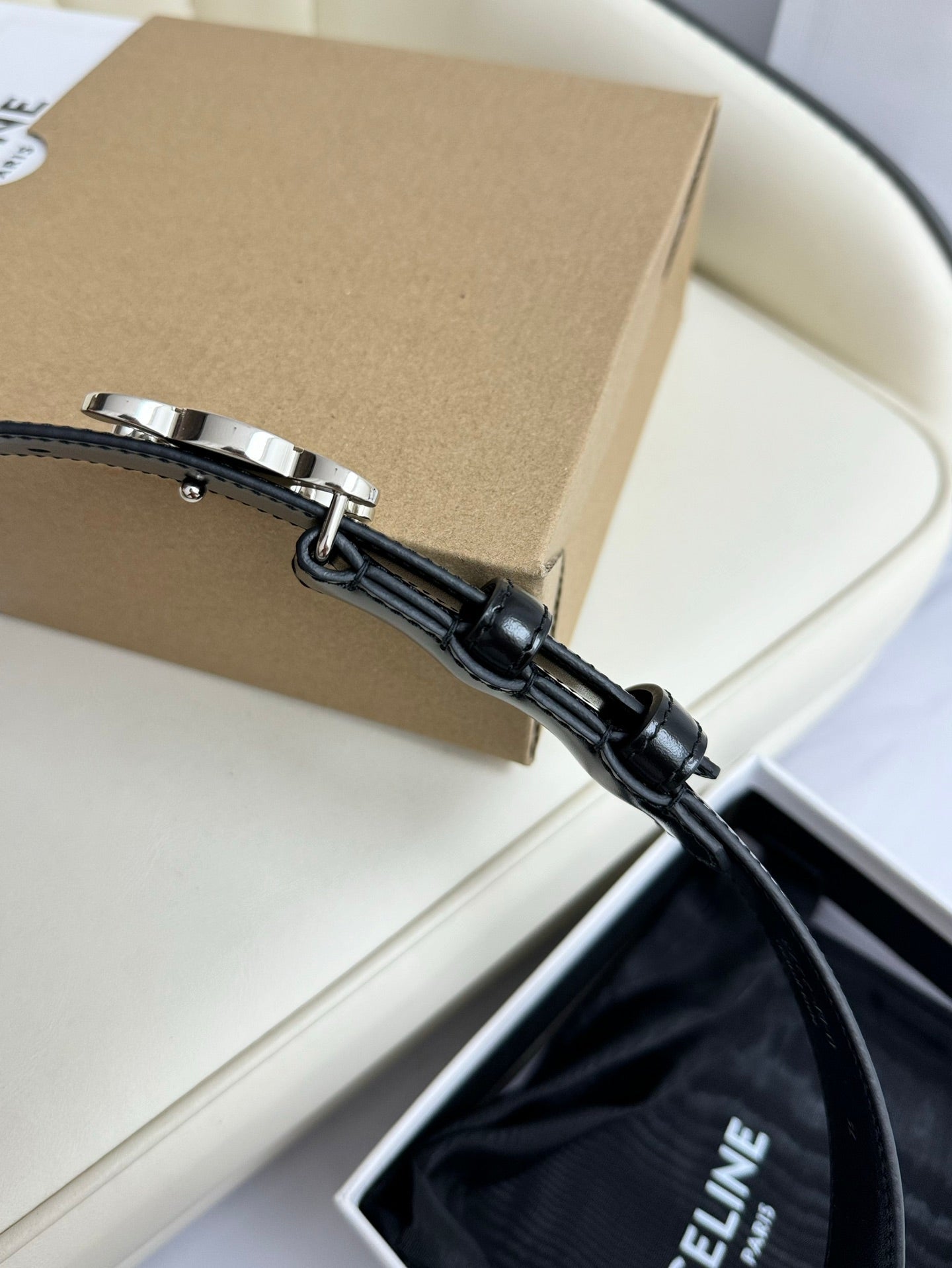 MEDIUM TRIOMPHE BELT 25MM BLACK LEATHER SILVER HARDWARE