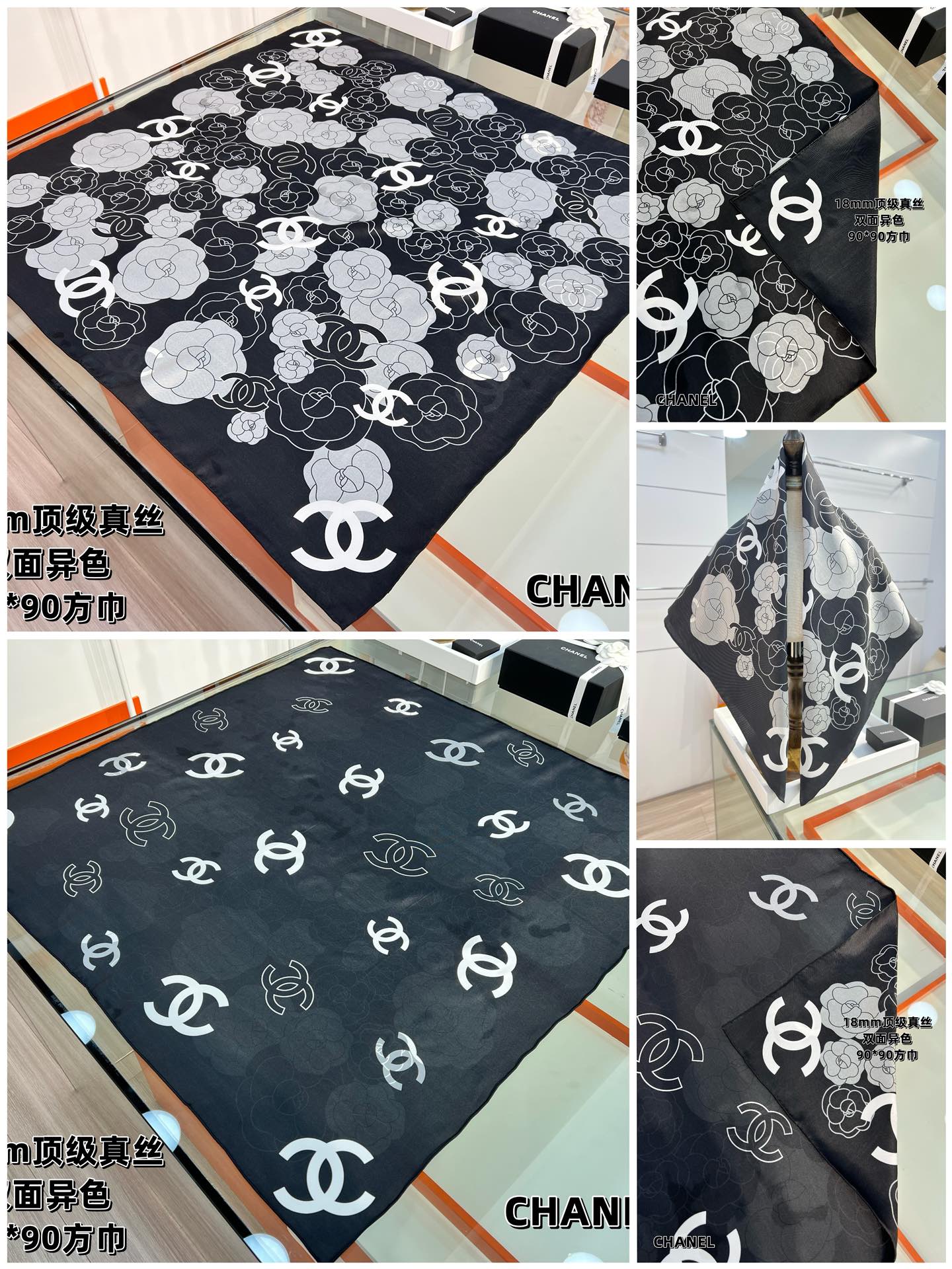CC Square Scarf 90 CM In Black And White Camellia Logo Print Silk Twill 288740