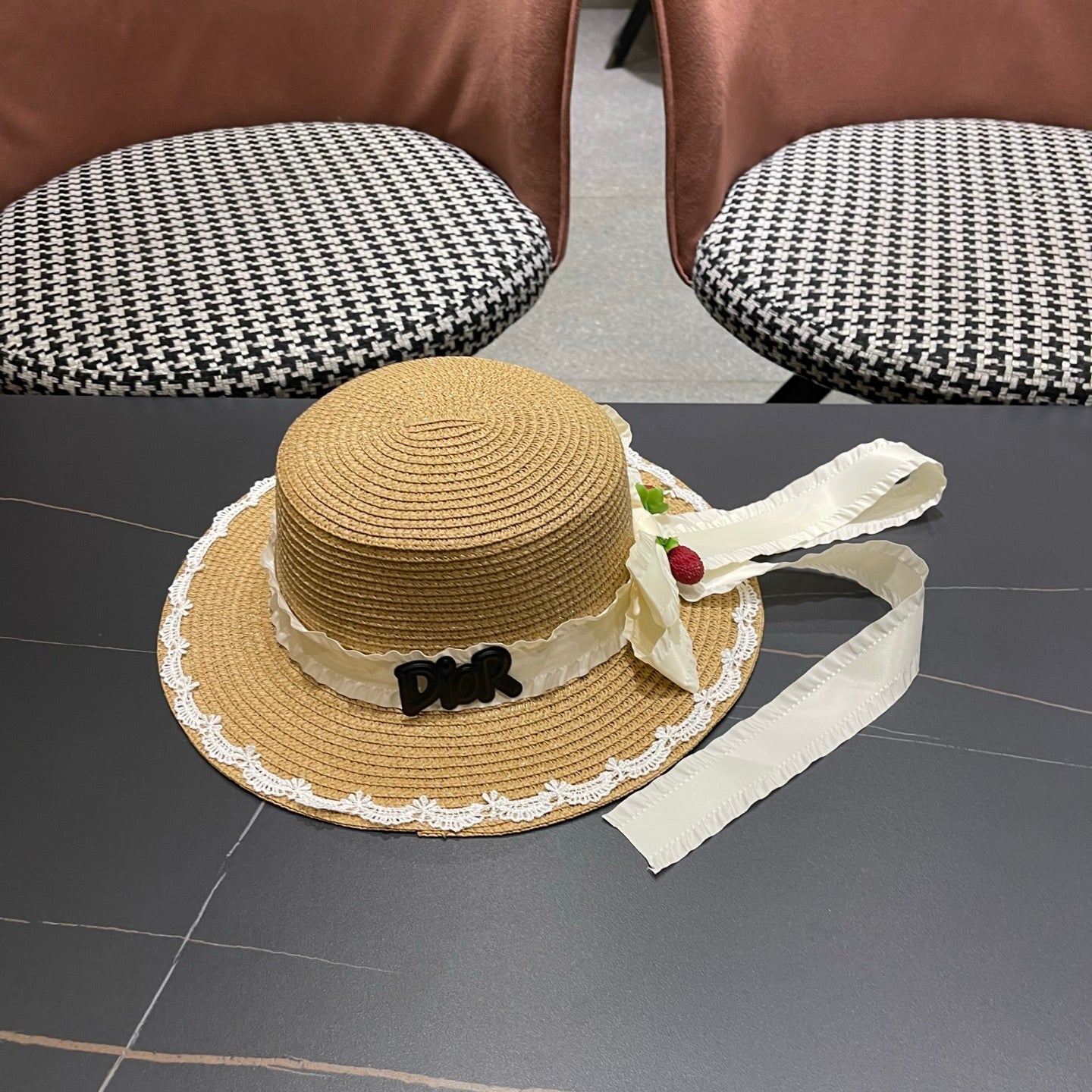 Dior Multi-colored Wide-brimmed Straw Hat With Bow 214480