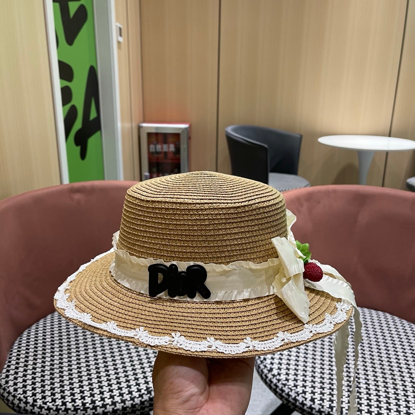 Dior Multi-colored Wide-brimmed Straw Hat With Bow 214480