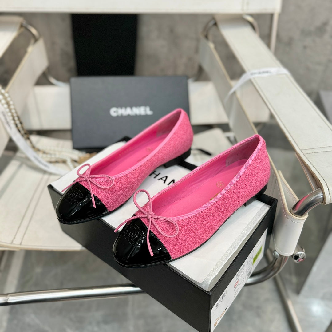 ballet flat pink tweed black patent calfskin