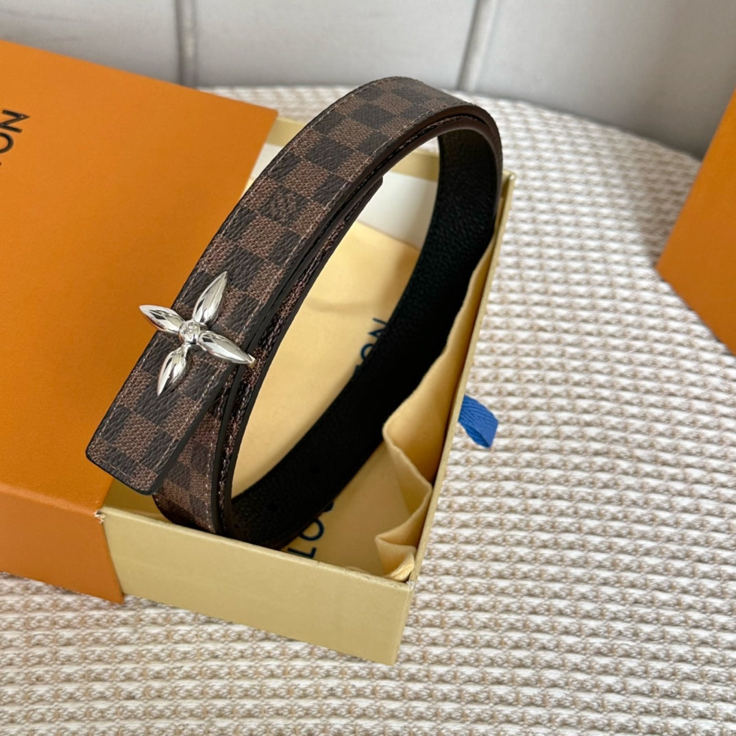 LV FLOWERGRAM 25 MM REVERSIBLE BELT IN BROWN DAMIER CALFSKIN SILVER HARDWARE