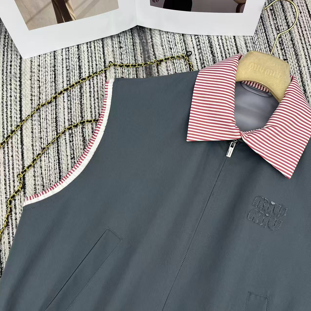 Miu Miu 2026 Striped Collared Vest Jacket Gray and Pink Cotton