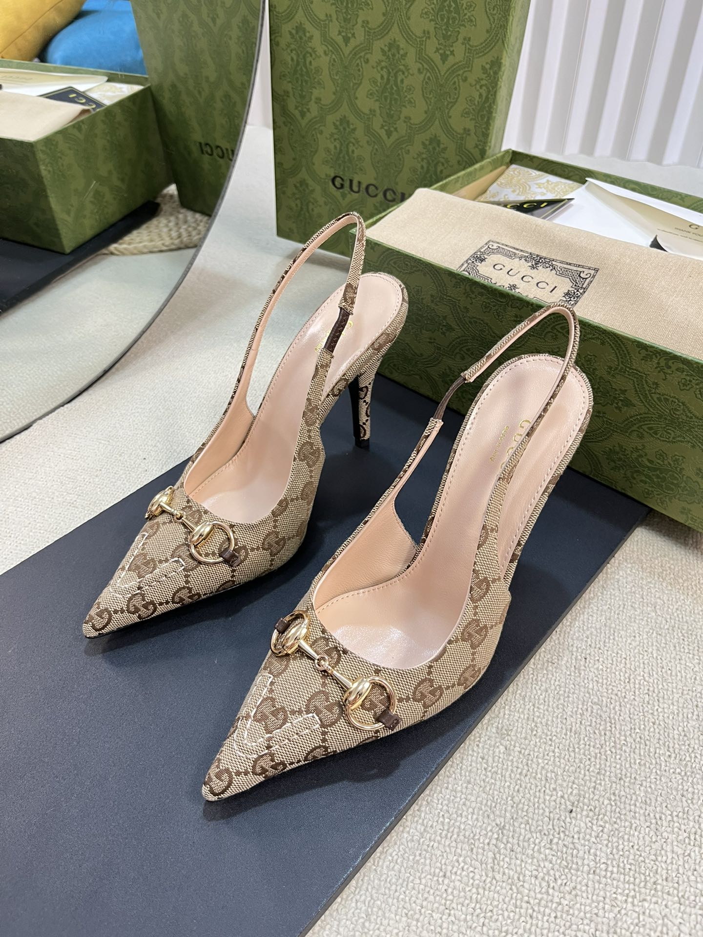 GC Horsebit Slingback Pump 100mm Beige mix Brown Canvas Sheepskin 294566