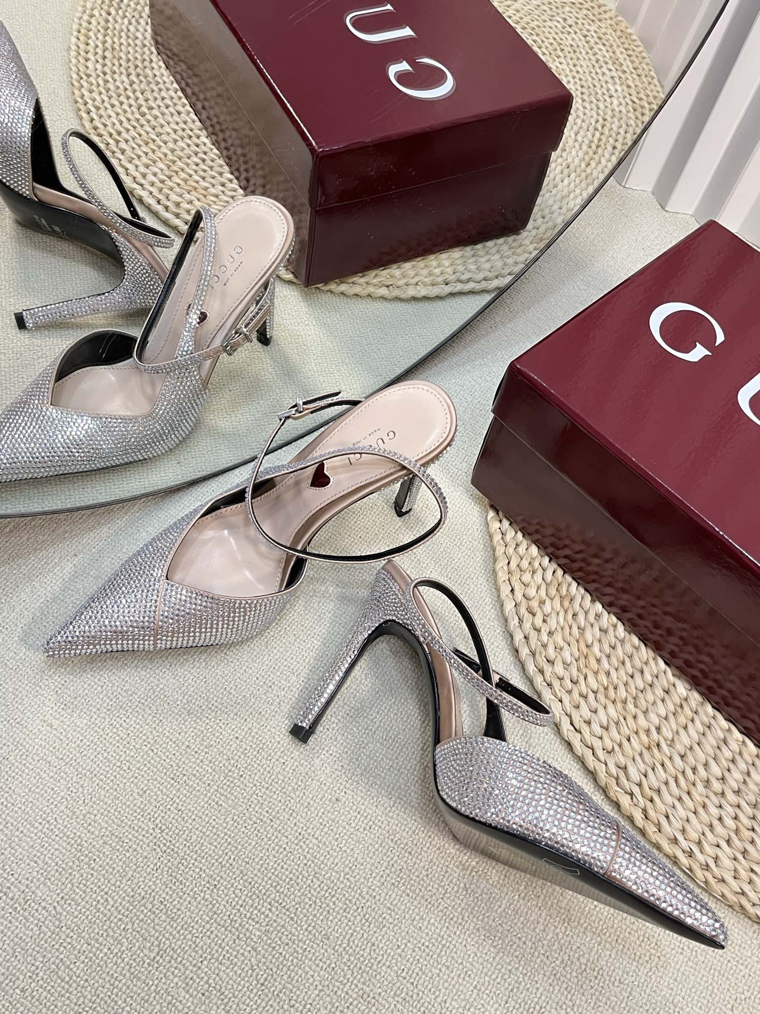 GC Crystal-Embellished Slingbacks Silver Silk Sheepskin 294610