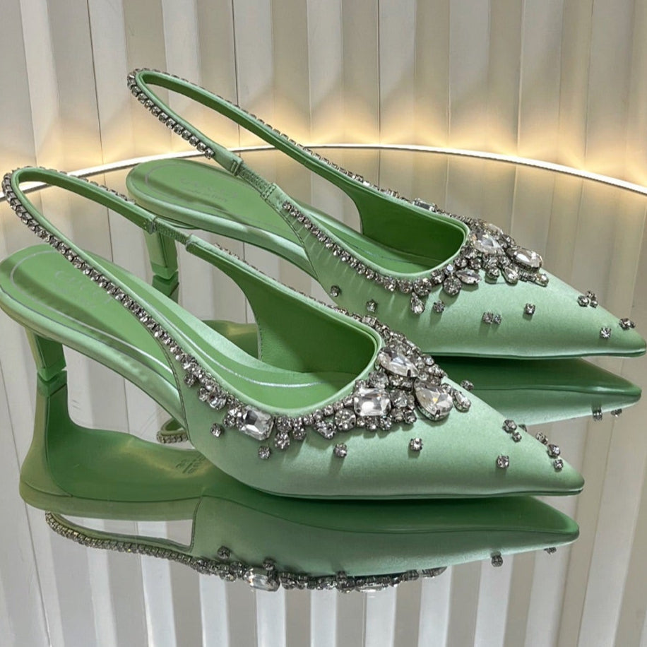 GC 2025 Crystal Embellished 55mm High Heels Slingbacks Green Silk Sheepskin 294528