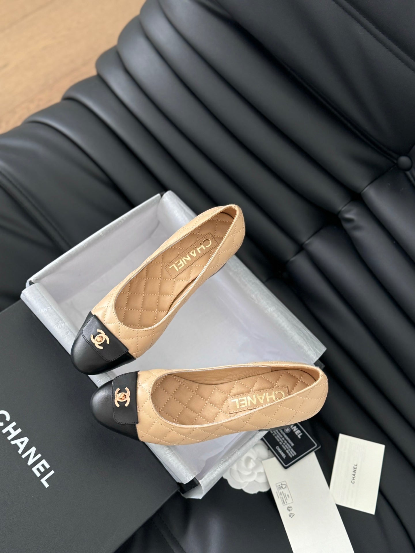 cc classic ballet flat with heel beige quilted calfskin