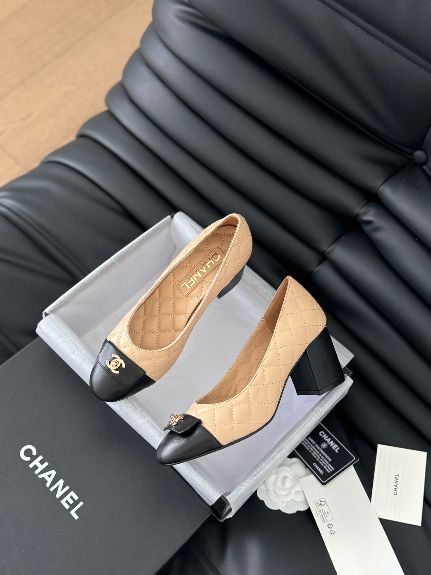 cc classic ballet flat with heel beige quilted calfskin