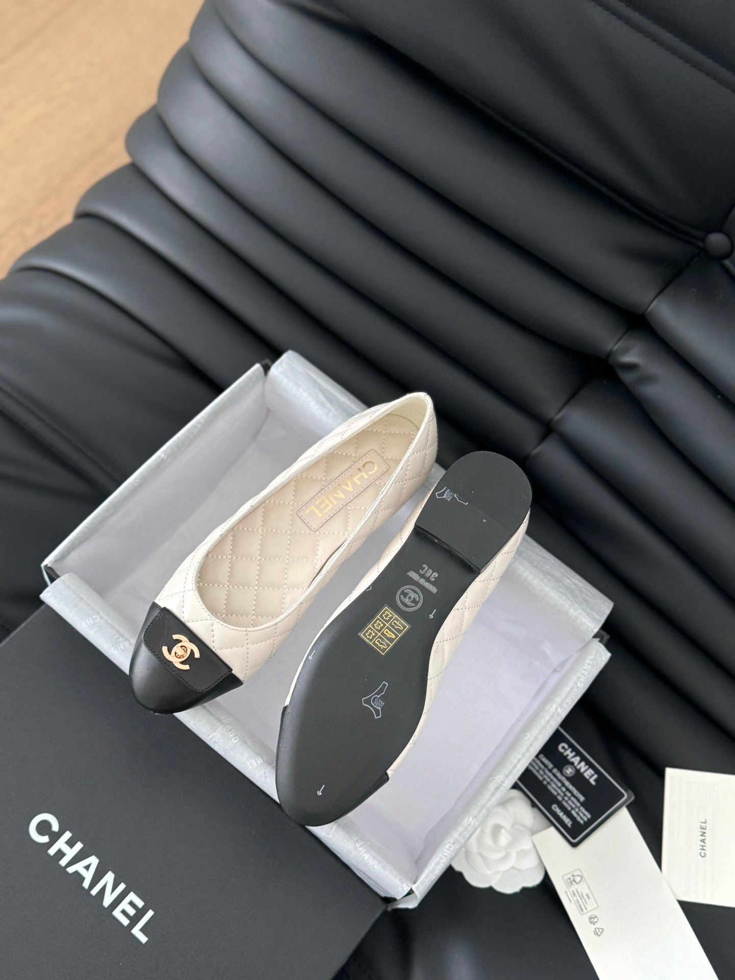 cc classic ballet flat white quilted calfskin