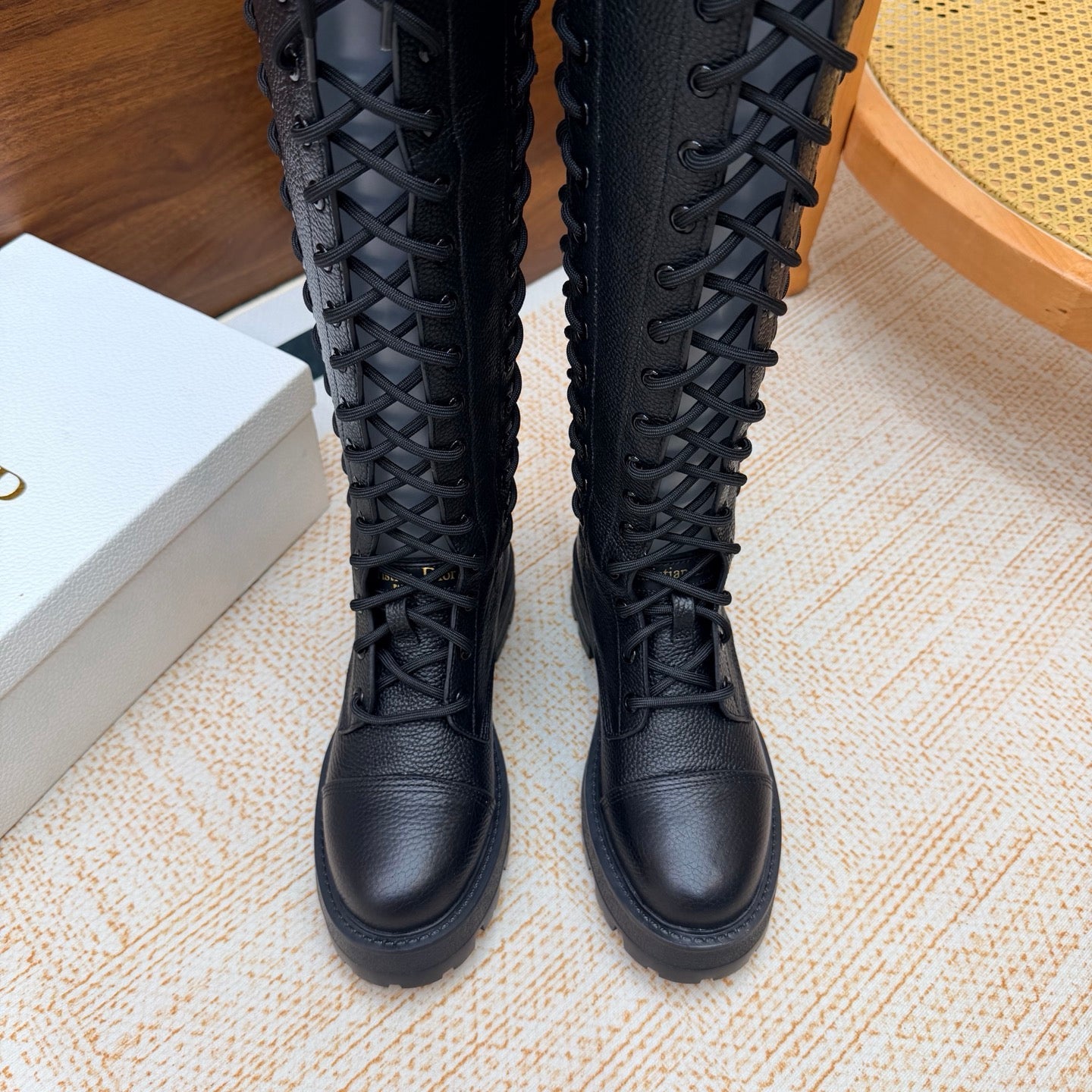 Dior 2026 Diorebel Knee-High Combat Boots Black Cowhide 973977