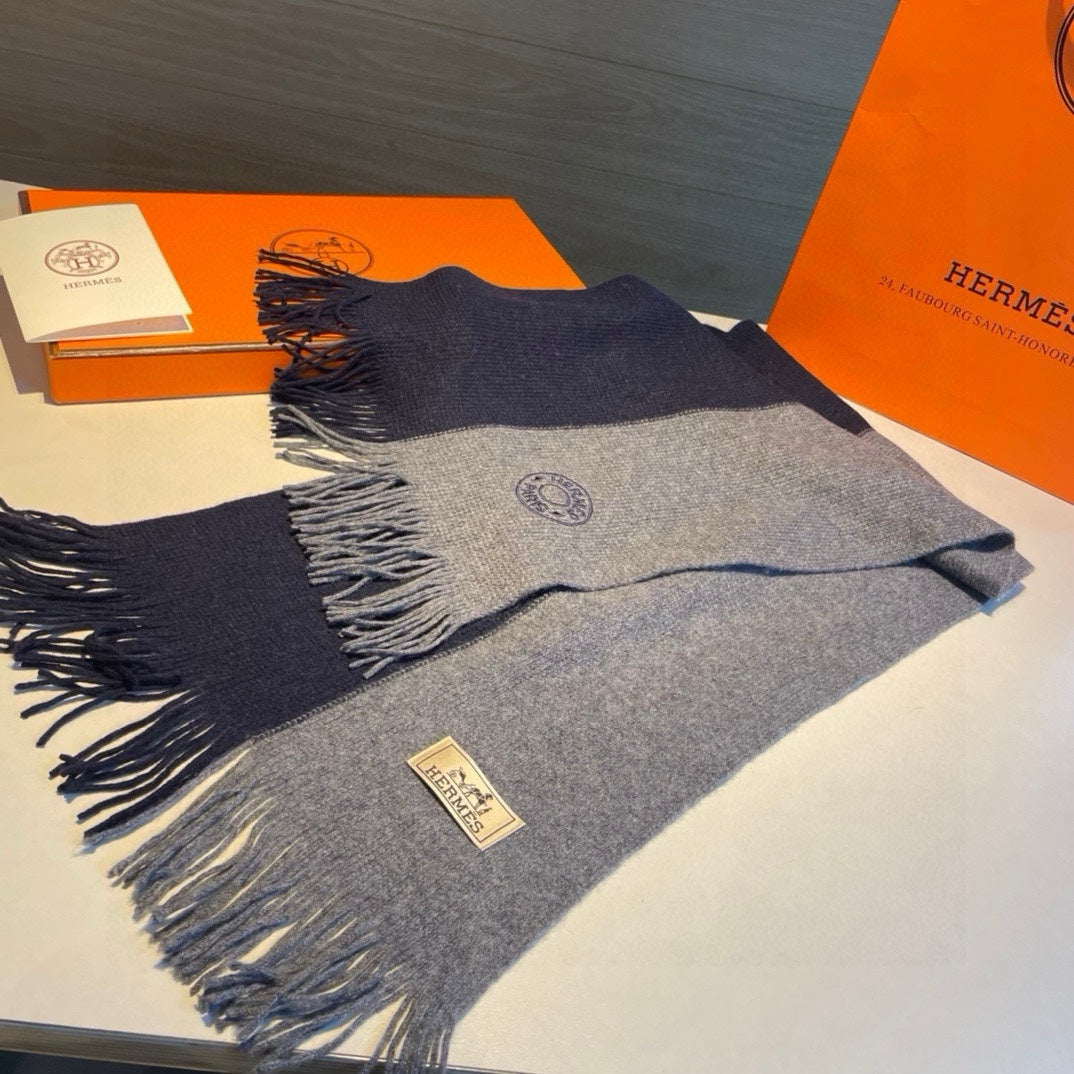 KNIT SCARF 180 IN NAVY BLUE MIX GREY CASHMERE