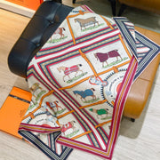 HM 26s Horse Scarf 140 Beige Red Colorful Cashmere Silk 139220