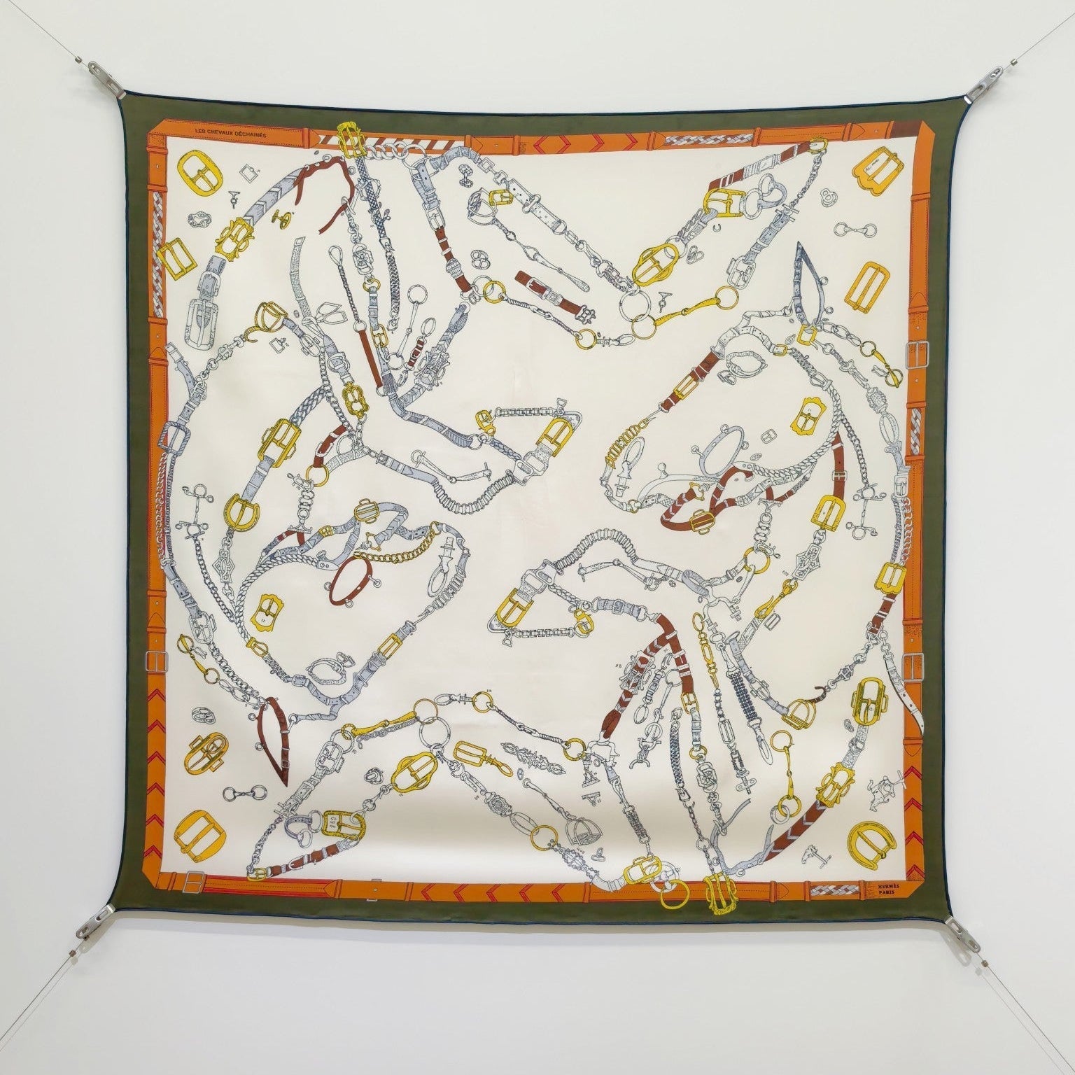 HM 26ss Sweet Saddle Scarf 90 Beige Black Green Colorful Twill Silk 132423