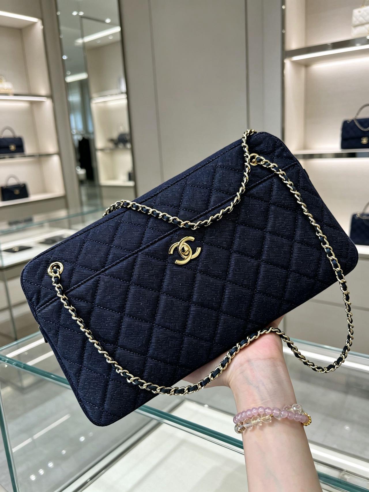Chanel 2026 Double-chain Bowling Bag 33cm Blue Denim Leather