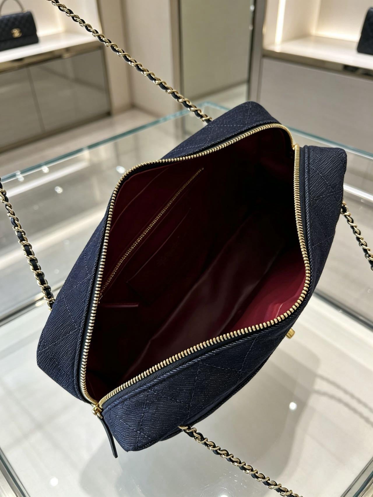 Chanel 2026 Double-chain Bowling Bag 33cm Blue Denim Leather