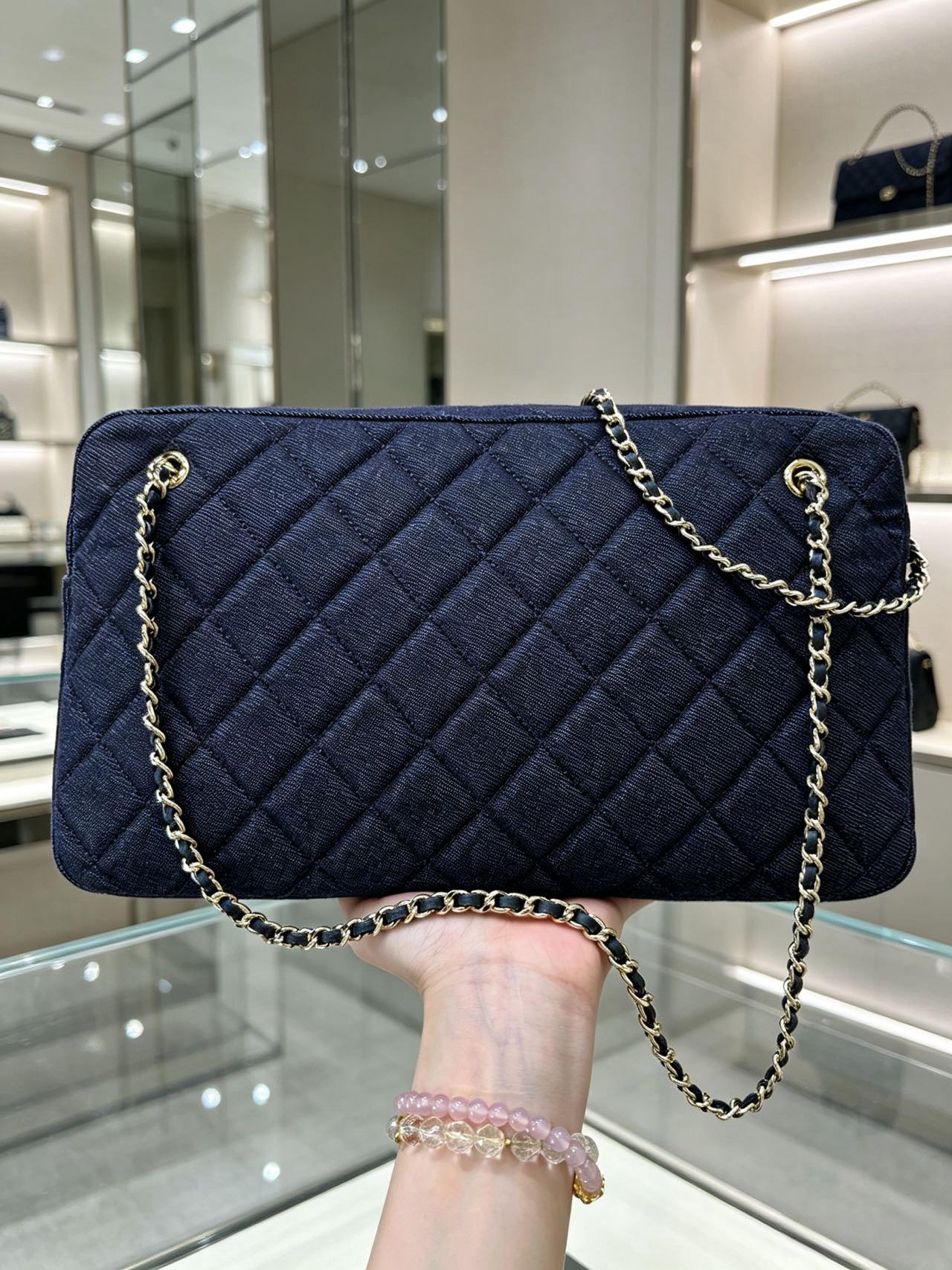 Chanel 2026 Double-chain Bowling Bag 33cm Blue Denim Leather