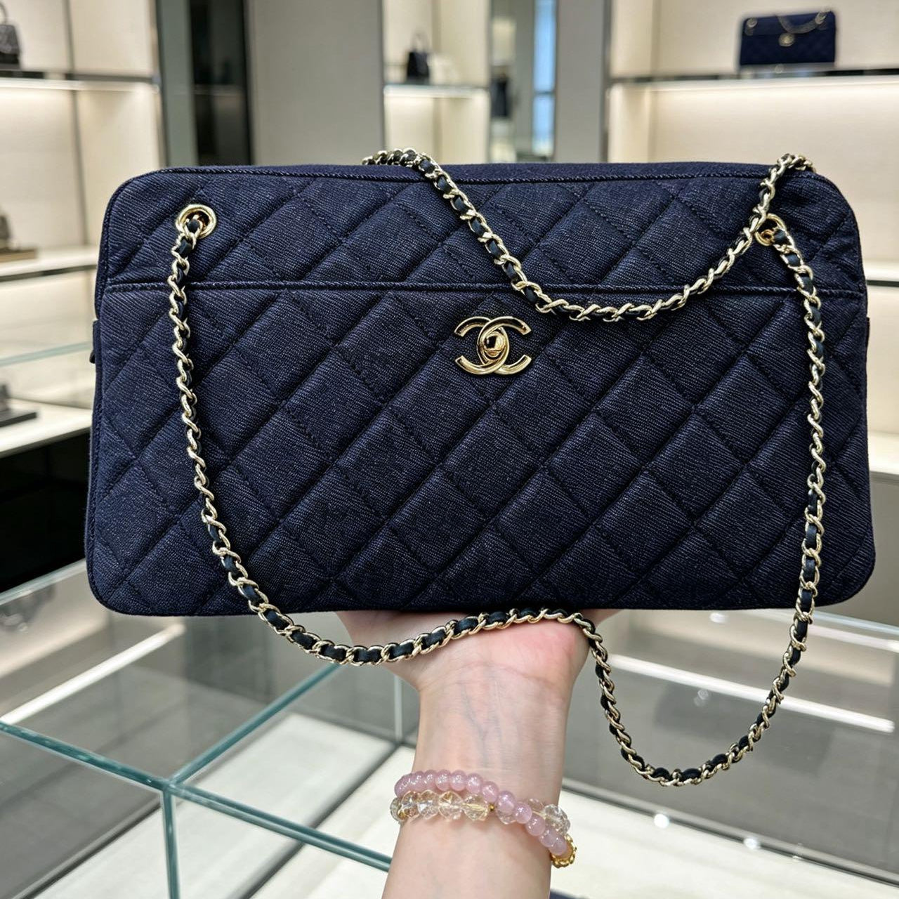 Chanel 2026 Double-chain Bowling Bag 33cm Blue Denim Leather