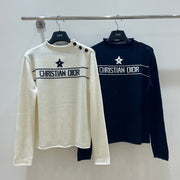 Dior 2025 Knit Sweater With Shoulder Button White and Navy Blue Wool