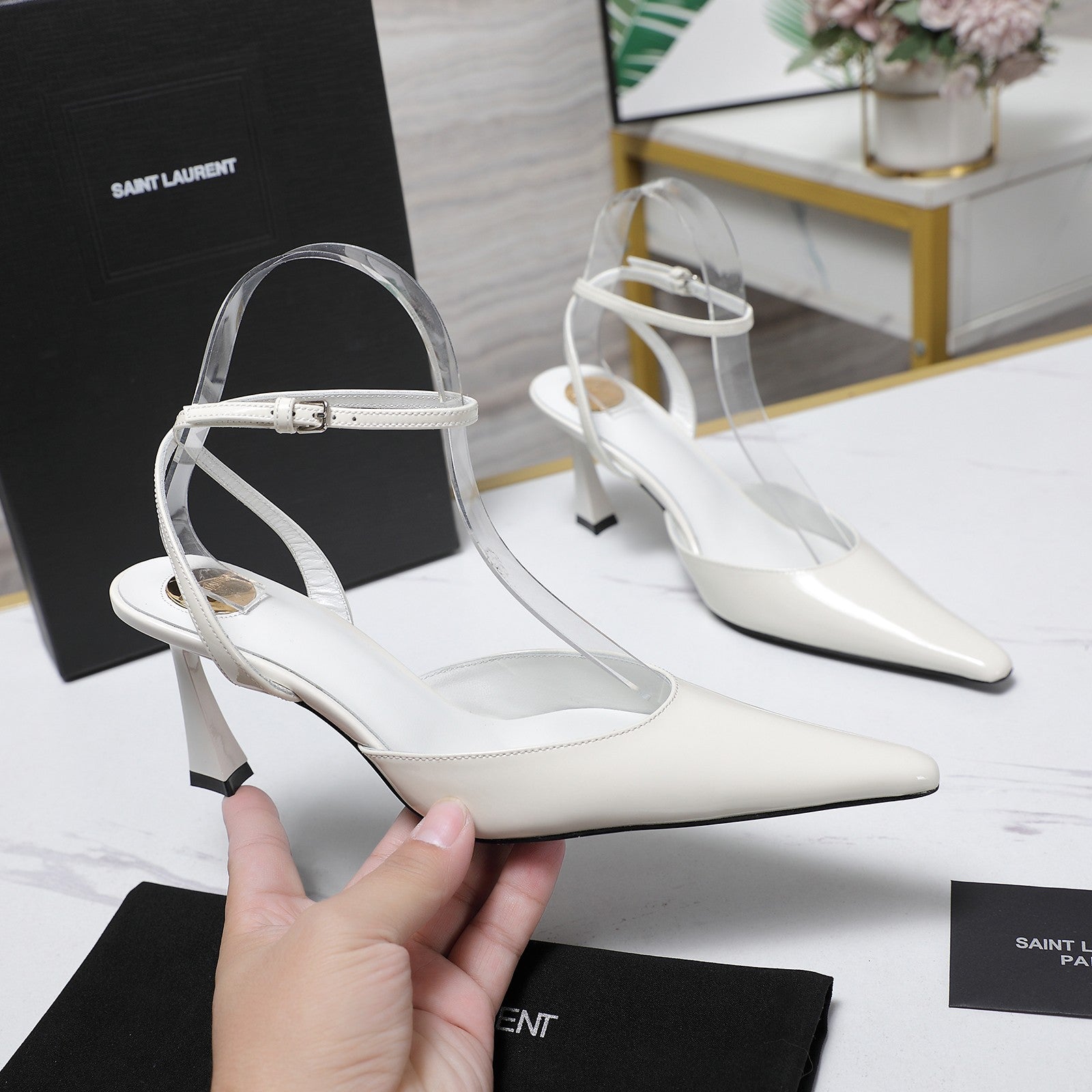 AIMÃ‰E SLINGBACK PUMPS IN WHITE GLOSSY LAMBSKIN