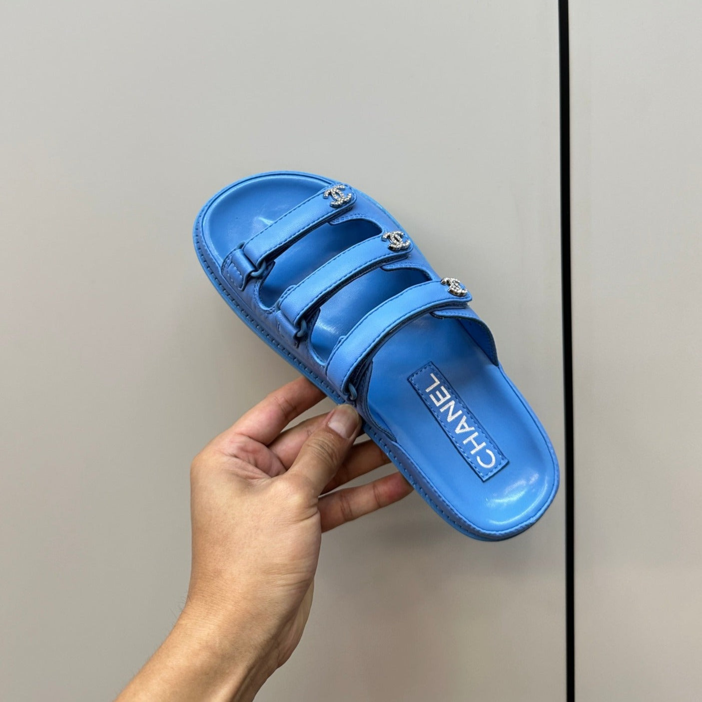 dad sandals dodger blue triple strap lambskin mules