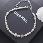Chanel 2026 Freshwater Pearl Silver Double C Short Necklace Choker