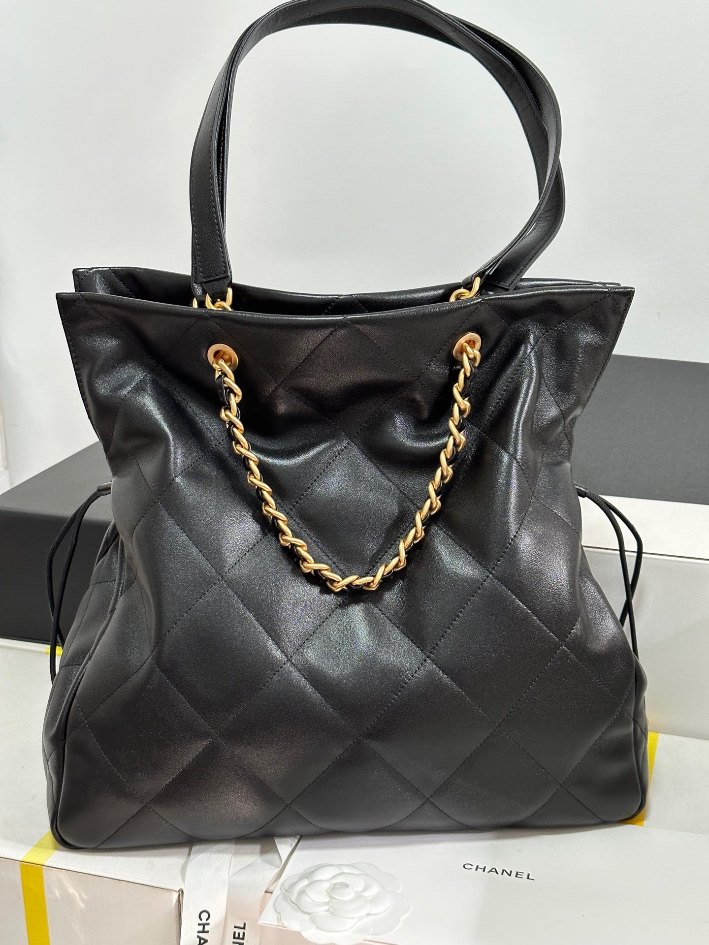 CC 25C Drawstring Backpack Black Lambskin Gold Hardware 243655