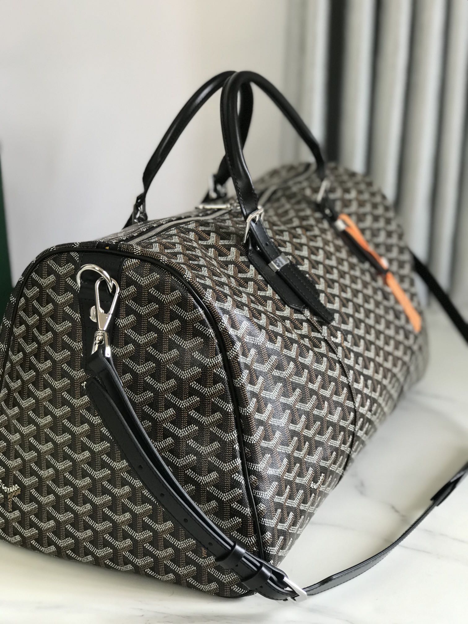 BOSTON 50 BAG IN BLACK GOYARDINE CANVAS AND CALFSKIN TRIM