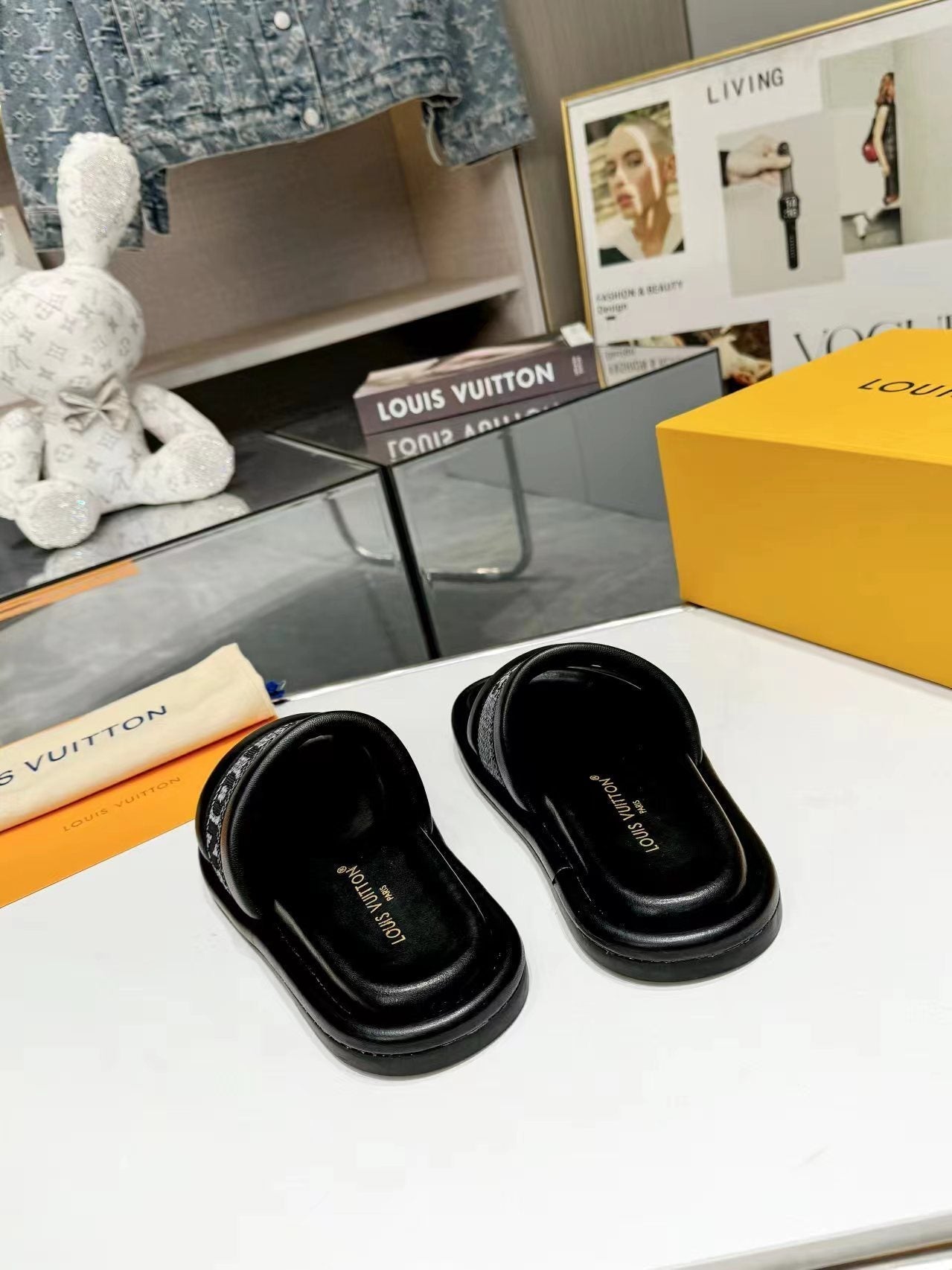 lv bliss flat mule grey canvas black calfskin