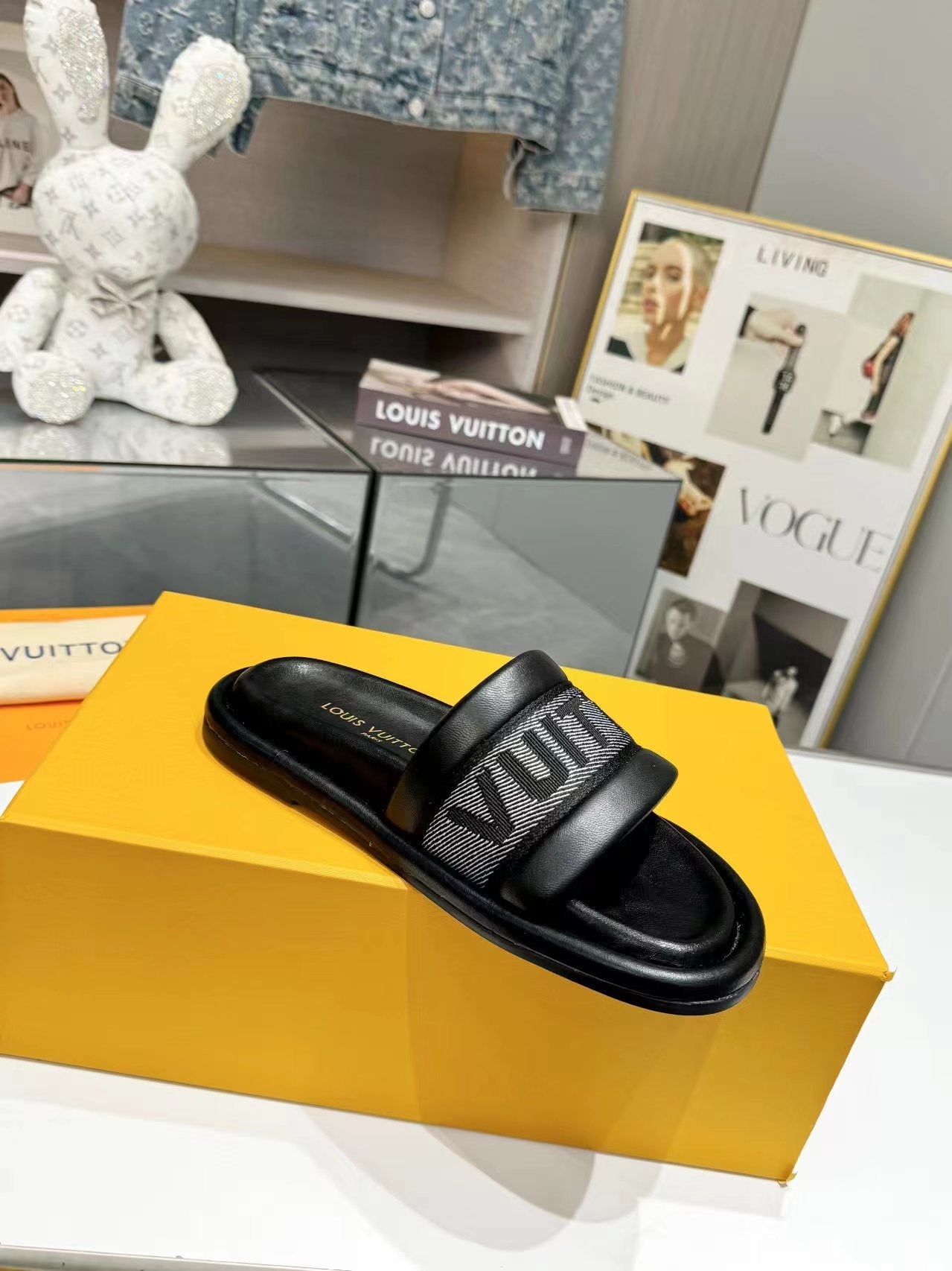 lv bliss flat mule grey canvas black calfskin