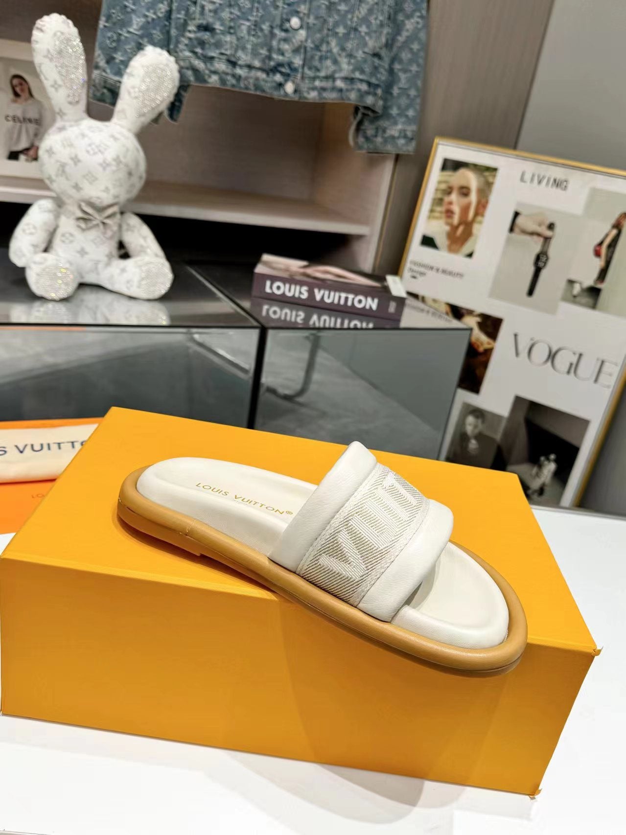 lv bliss flat mule cream canvas calfskin