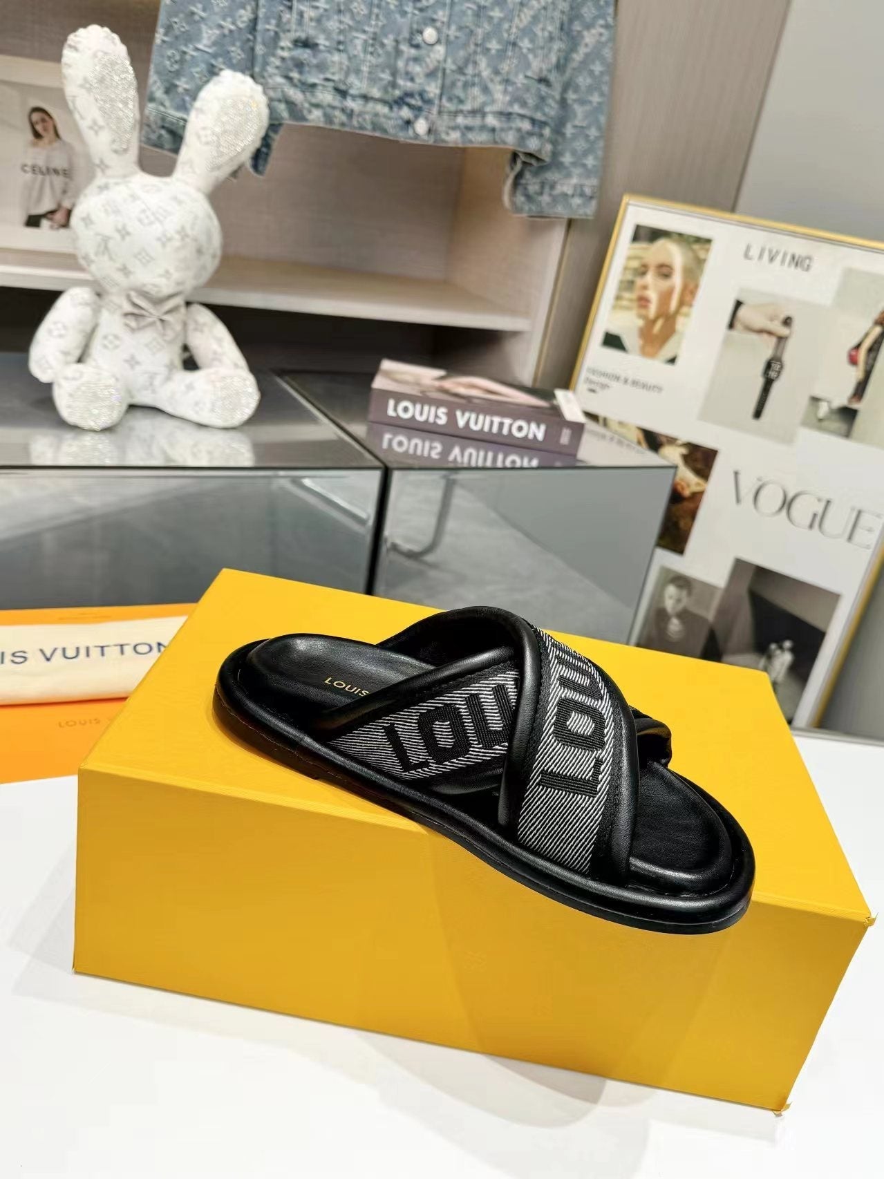 lv bliss cross sandal mule black textile calfskin