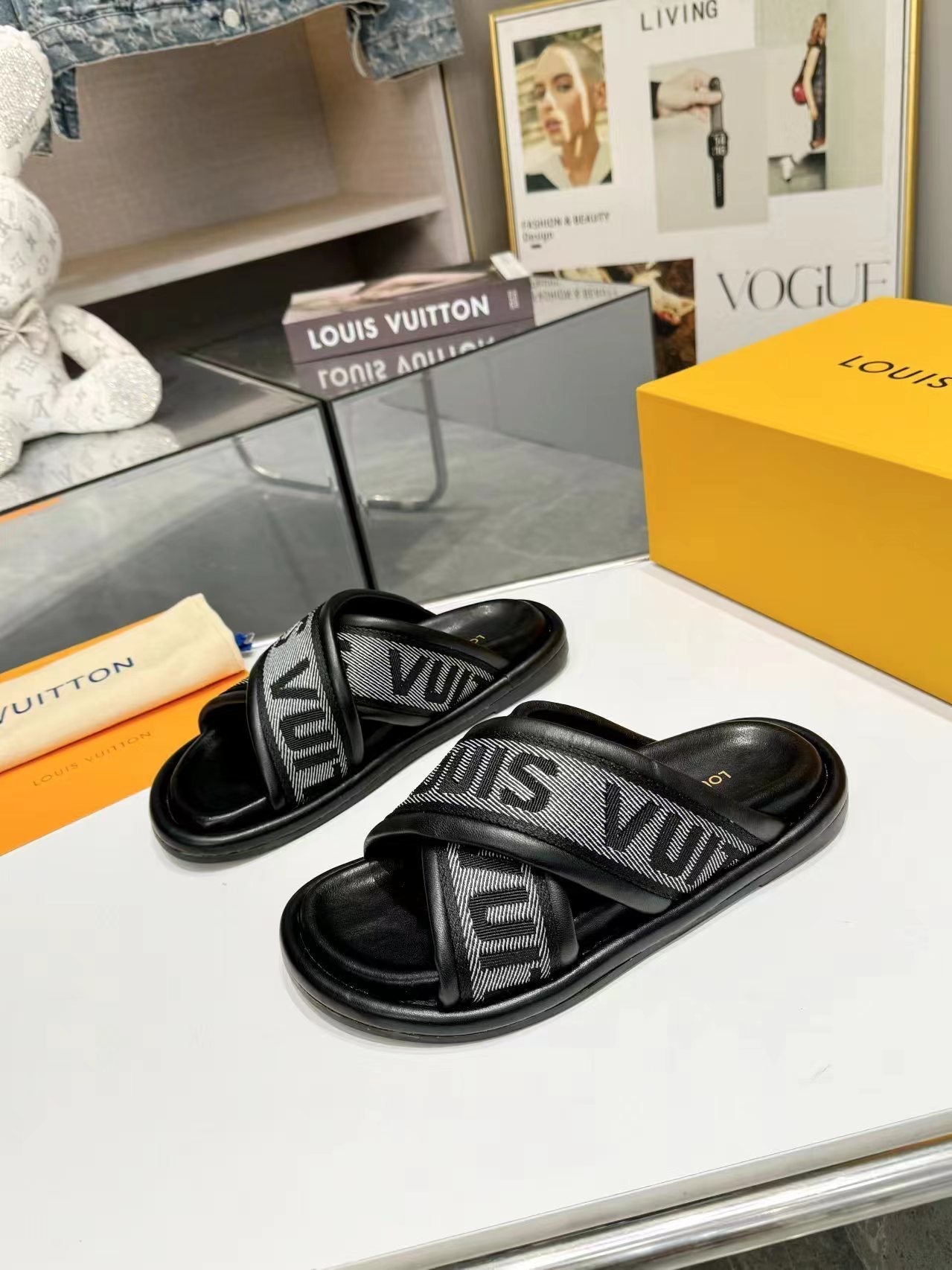 lv bliss cross sandal mule black textile calfskin