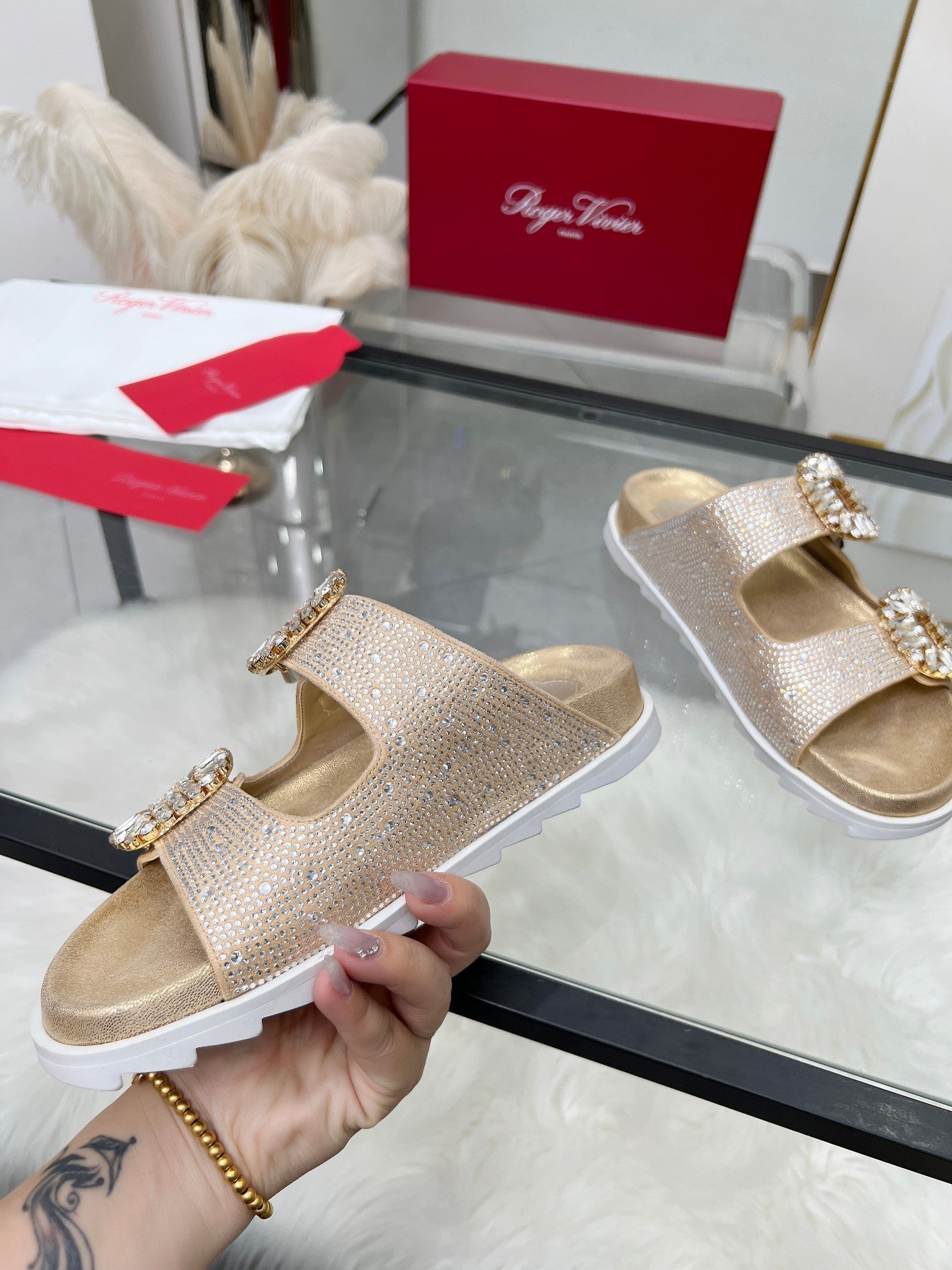 Viv 25 Slidy Diamond Slippers Gold PVC Silk Cowhide 259286