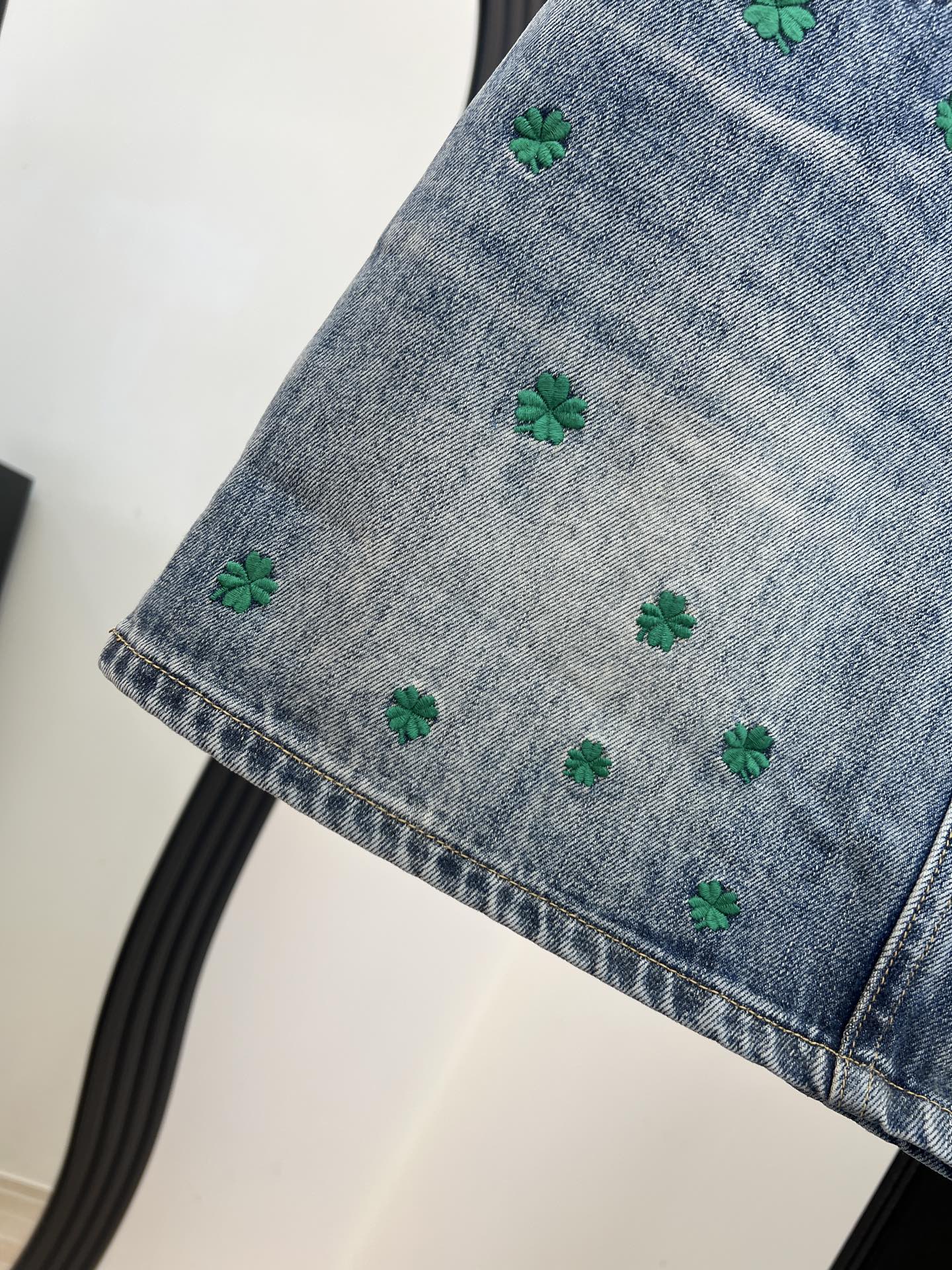 Dior 2026 Clover Embroidered Denim Midi Skirt Blue Cotton 138335