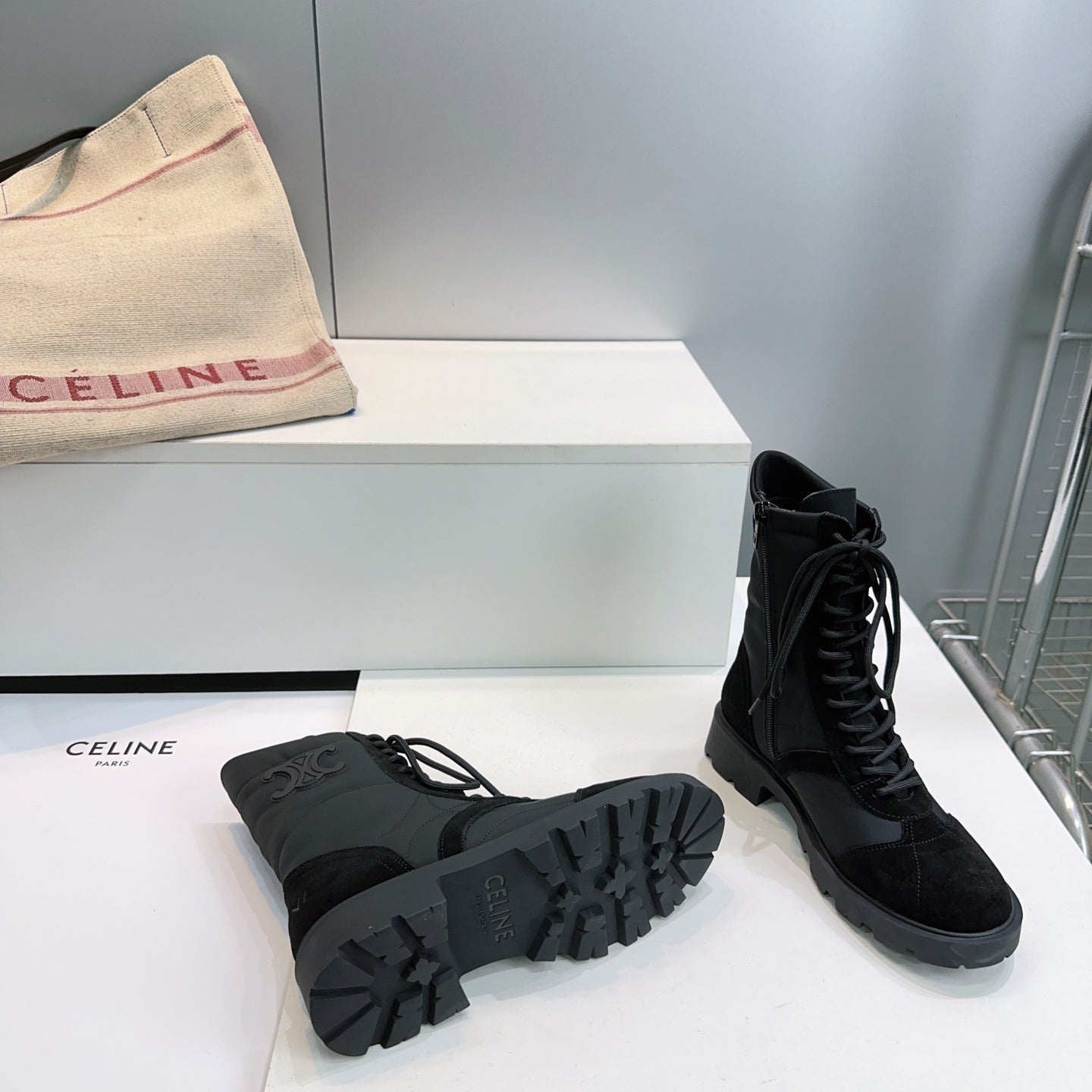 Celine 2026 Margaret Lace-Up Boots Black Suede 107299