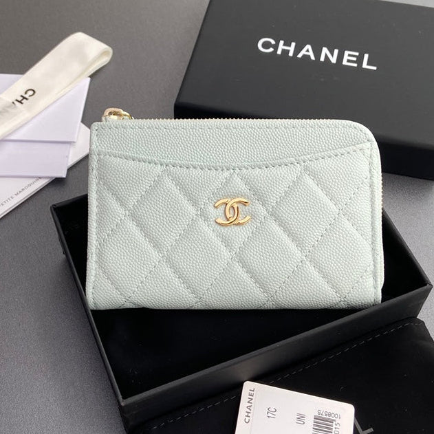 Chanel 2026 Quilted Card Holder 13cm Light Blue Grained Calfskin