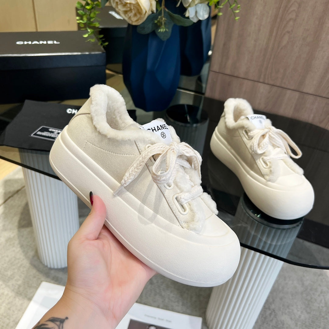 CC Sneaker Thick-Soled White Suede Wool Lining Fleece