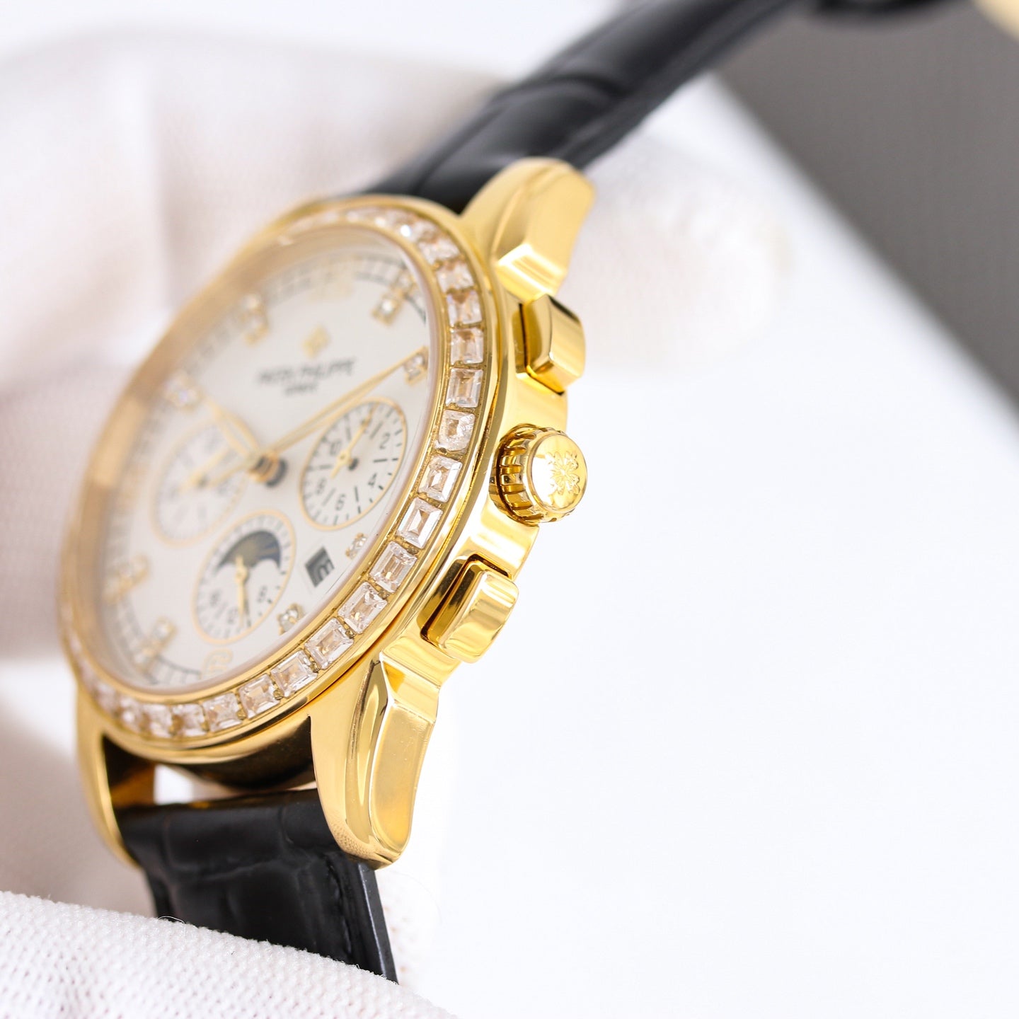 Patek Philippe Annual Calendar 42mm Diamond Benzel Gold Case Black Strap