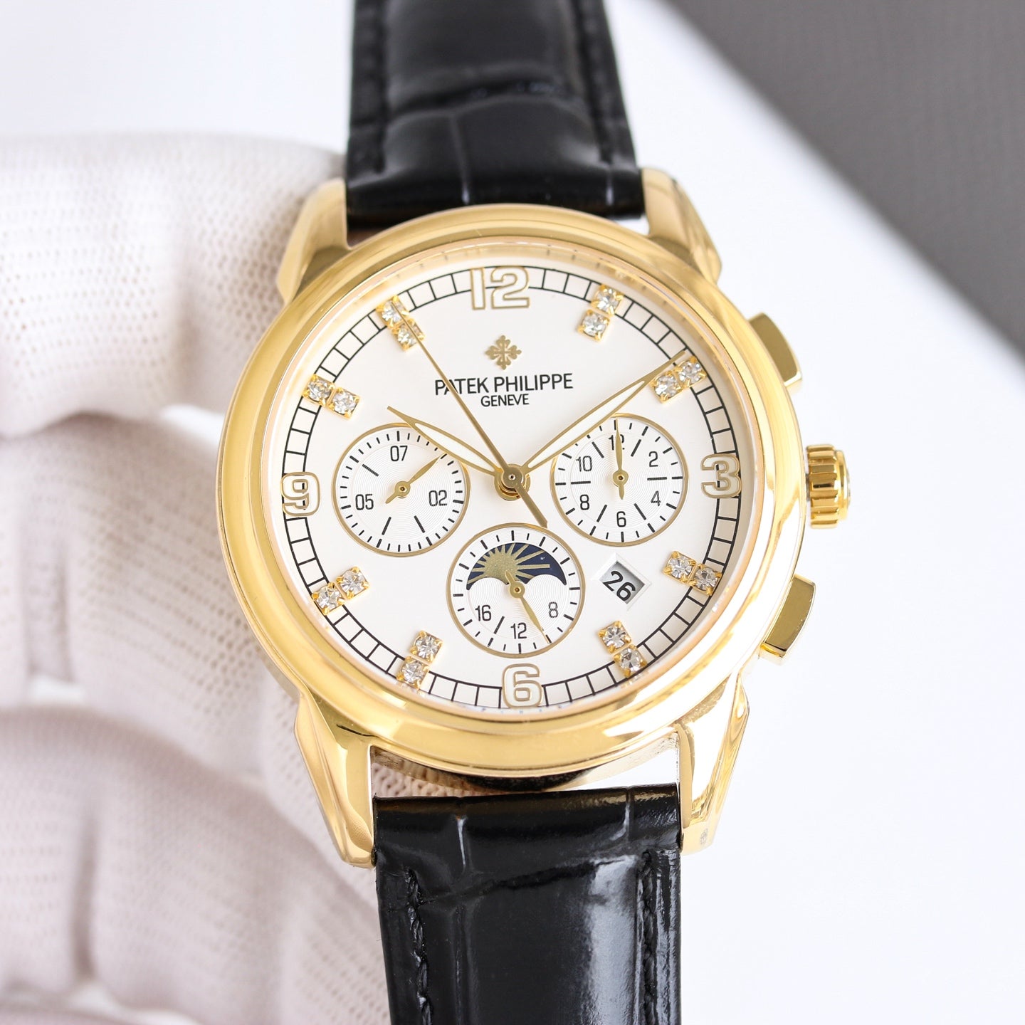 Patek Philippe Annual Calendar 42mm Diamond Benzel Gold Case Black Strap