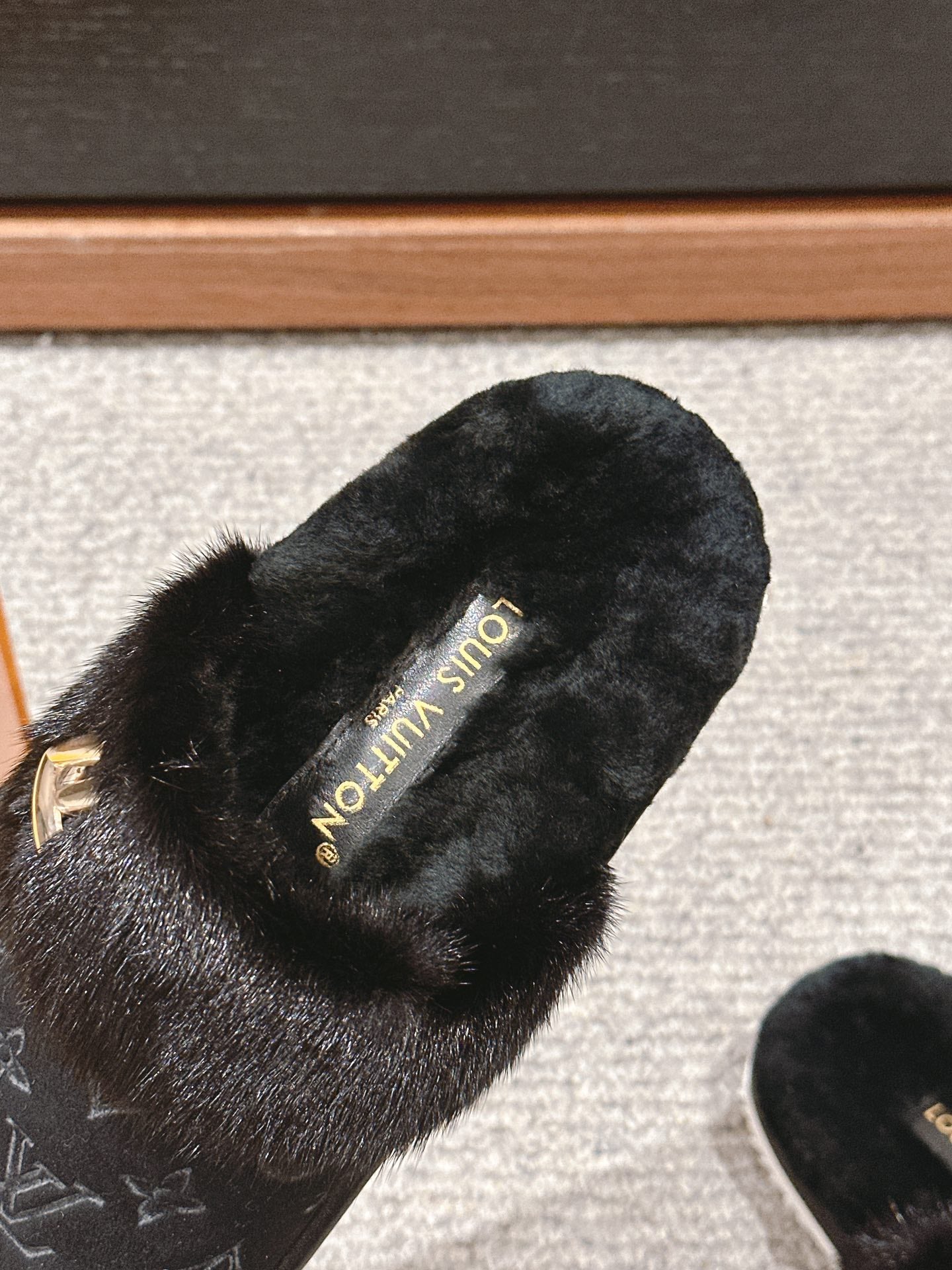 LV Flat Mule Black With Fur Monogram Suede