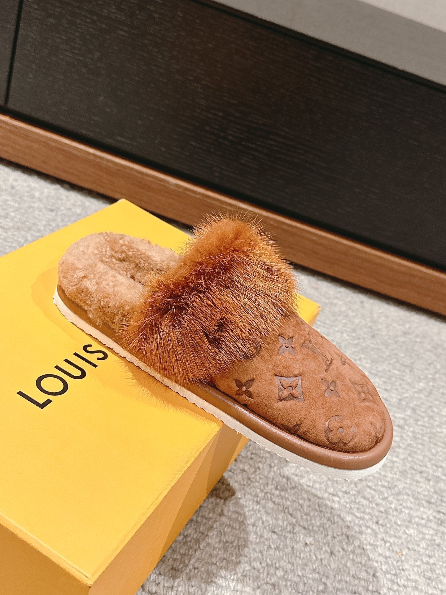 LV Flat Mule Brown With Fur Monogram Suede