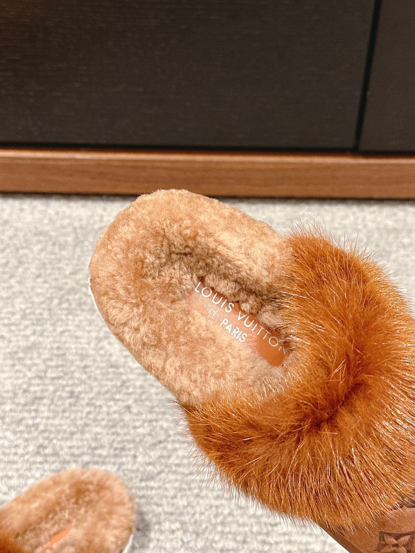 LV Flat Mule Brown With Fur Monogram Suede