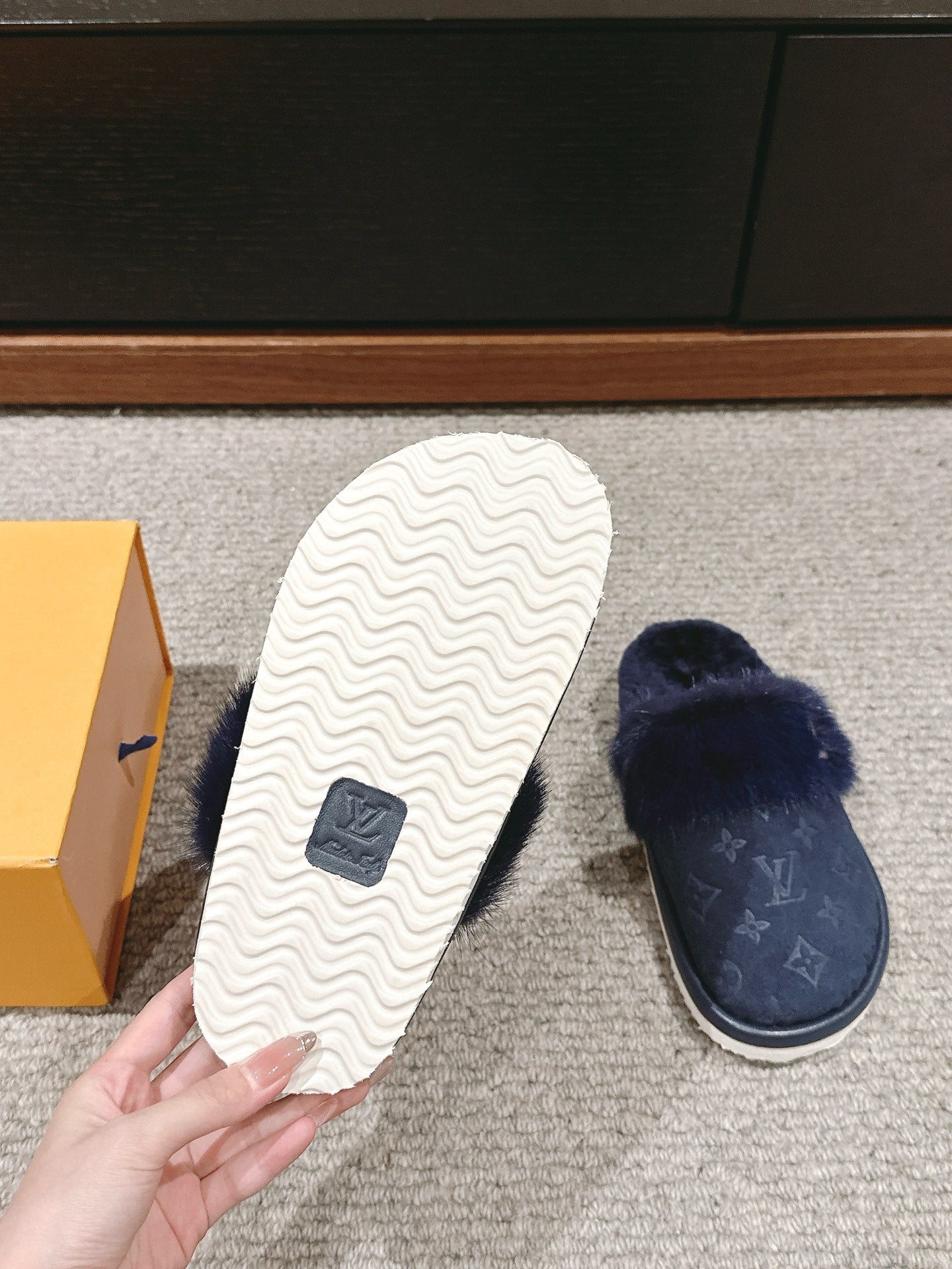 LV Flat Mule Charcoal Blue With Fur Monogram Suede