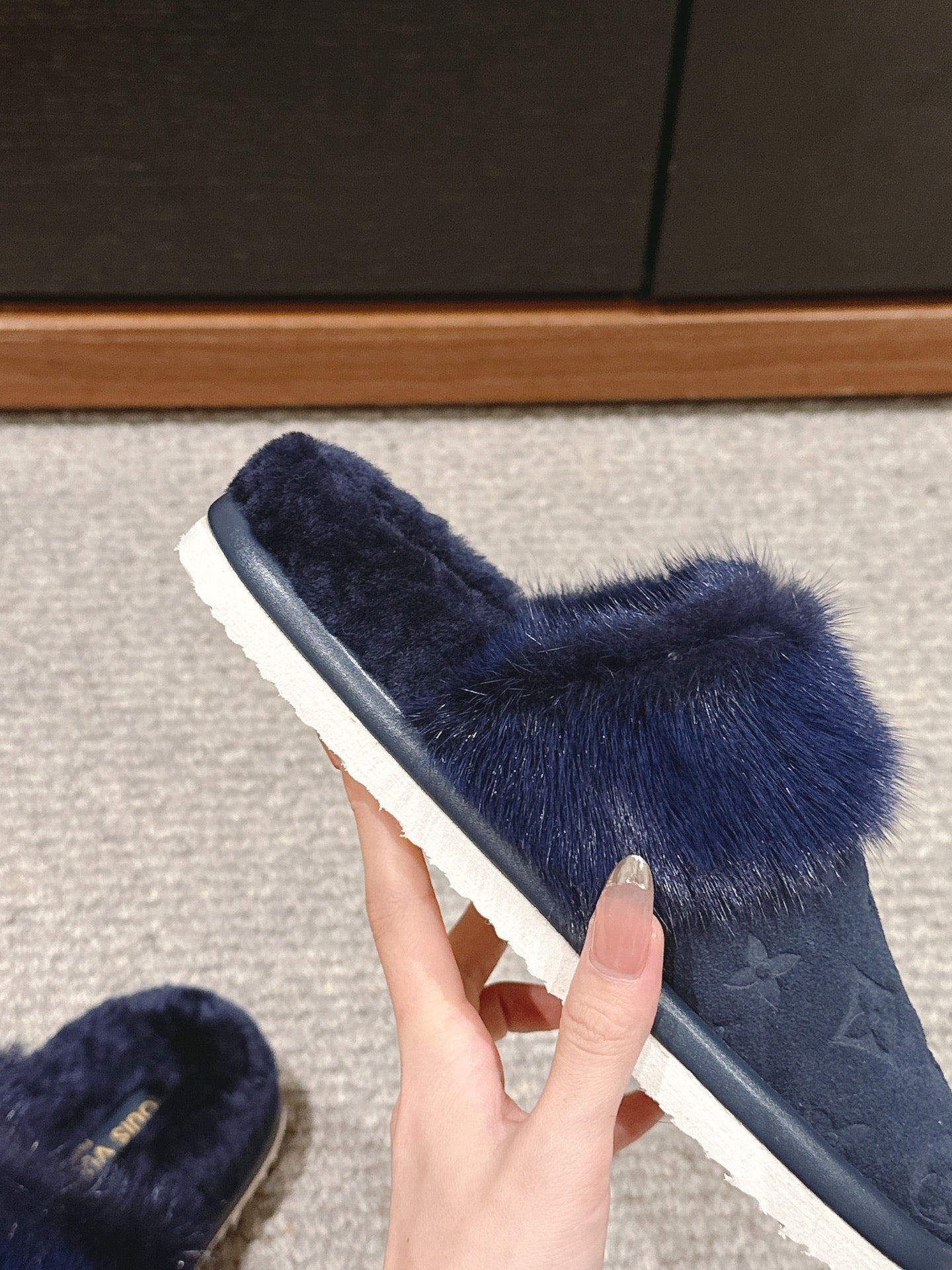 LV Flat Mule Charcoal Blue With Fur Monogram Suede