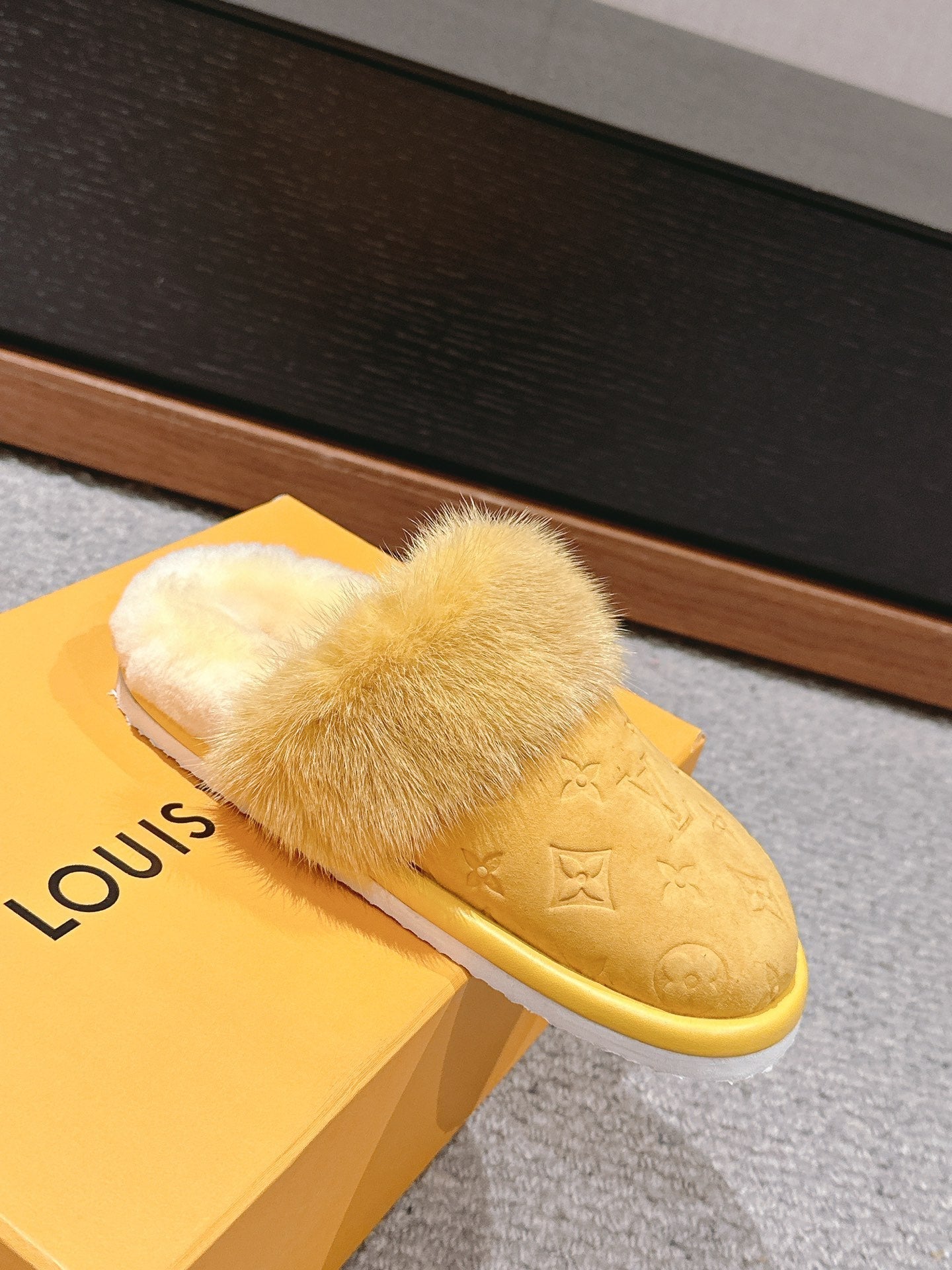 LV Flat Mule Yellow With Fur Monogram Suede