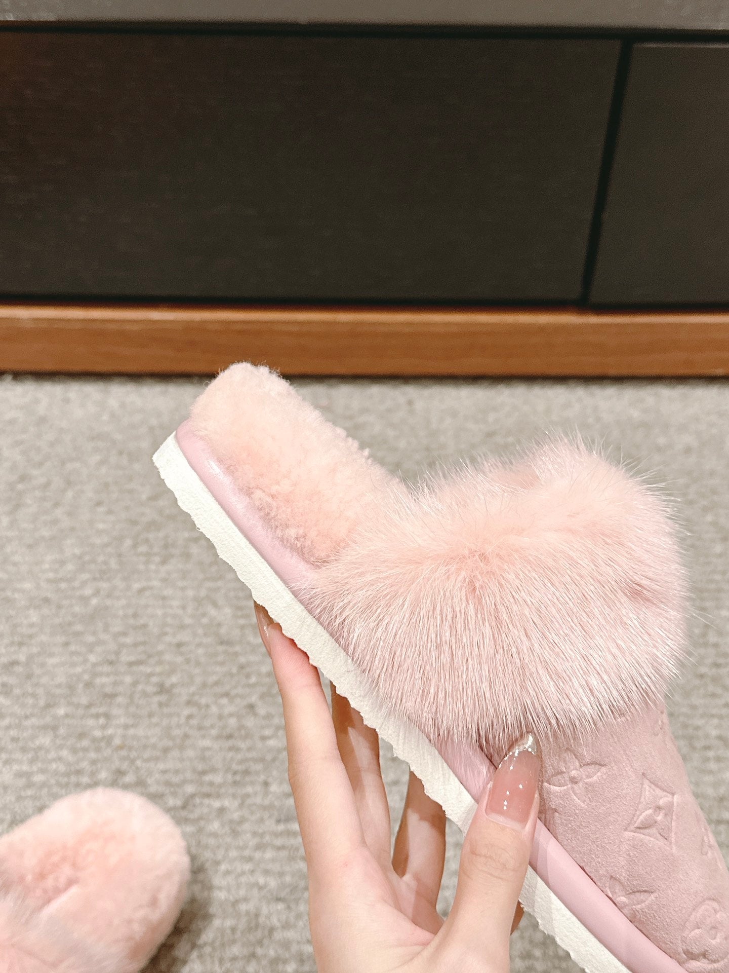 LV Flat Mule Pink With Fur Monogram Suede
