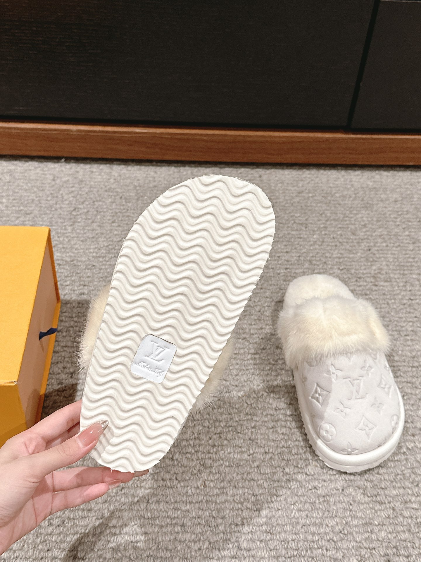 LV Flat Mule White With Fur Monogram Suede