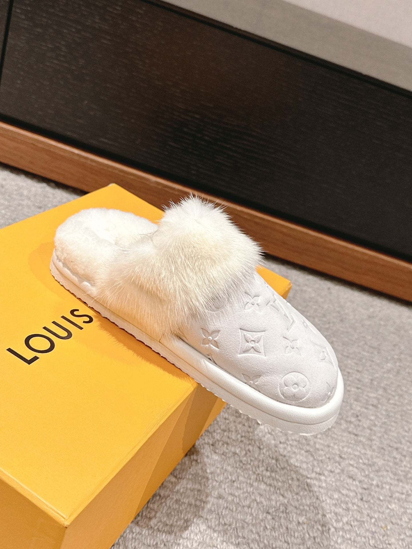 LV Flat Mule White With Fur Monogram Suede