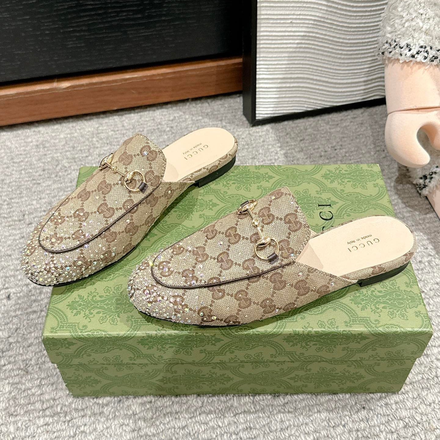 Horsebit Mule Beige Ebony Canvas Crystal-Embellished