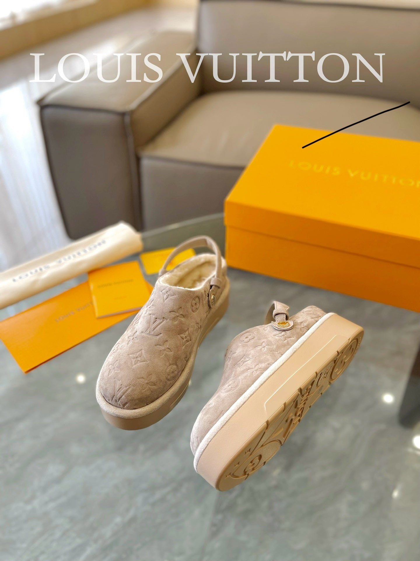 LV Aspen Platform Clogs Beige Suede